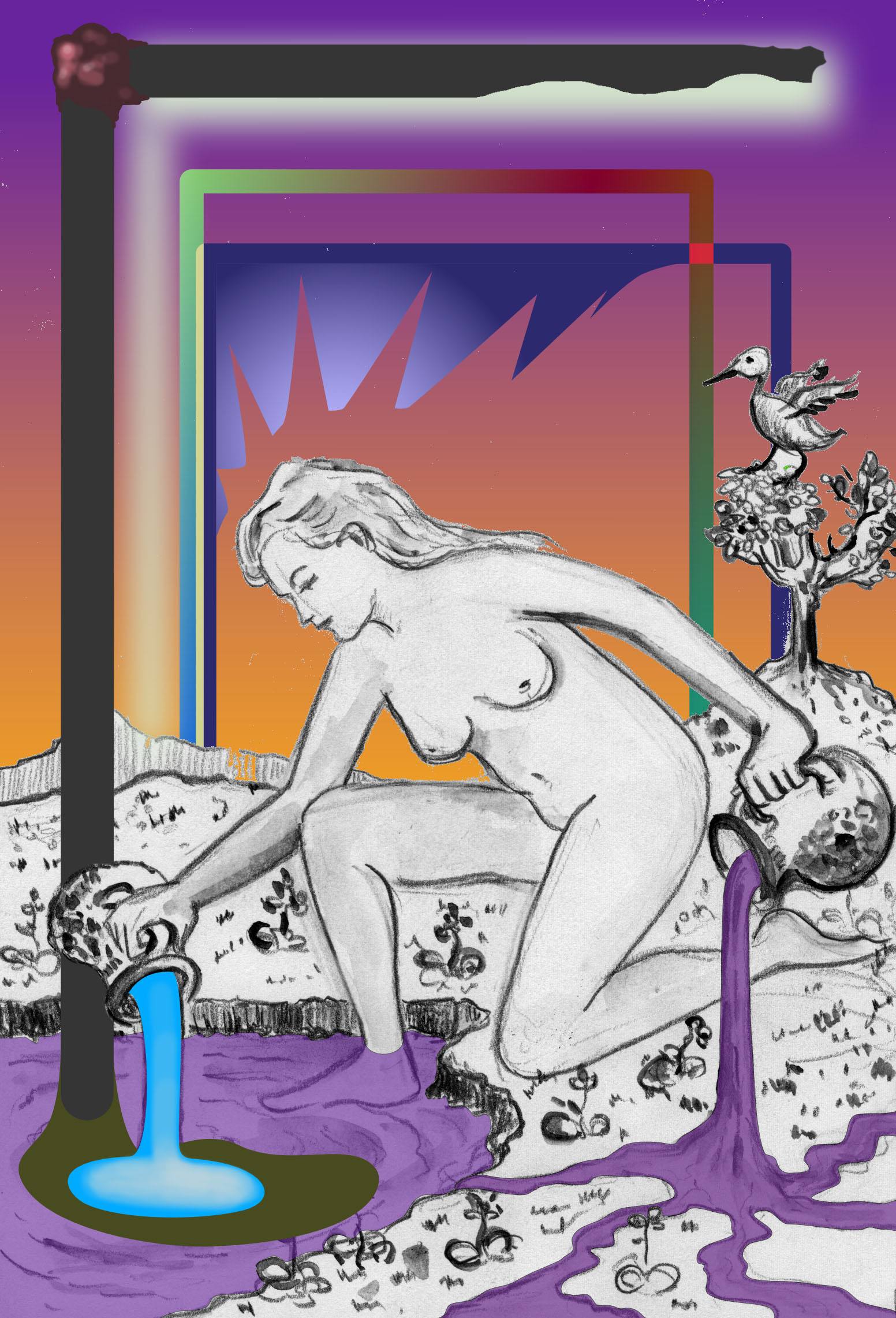 Grafik und Ilustration: Die schwarz-weiße Zeichnung eines knieenden weiblichen Aktes im Vordergrund. Mit beiden Händen schüttet sie Krüge aus. Blaue und violette Farbe fließt aus diesen in einen kleinen Teich zu ihren Füßen. Im Hintergrund öffnen sich abs