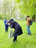 Three people on green lawn searching for something