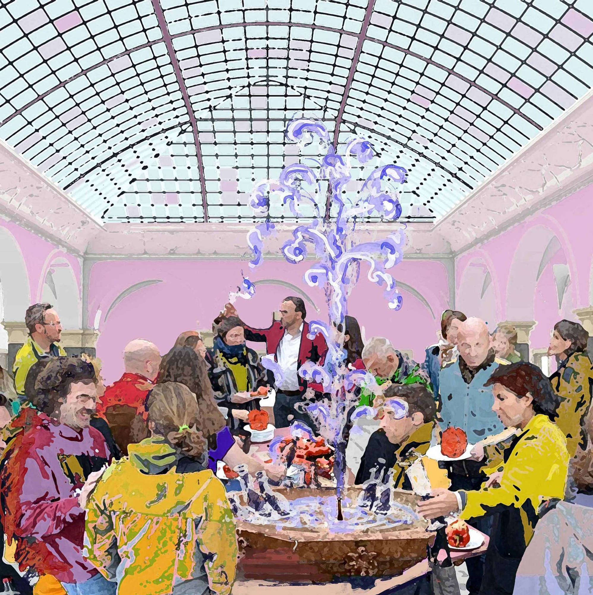 Computergrafik in grellen, leuchtenden Farben: um einen Brunnen im Zentrum verteilt stehen Menschen, die essen, trinken und plaudern. Der Raum ist von einer gekachelten hohen Glasskuppel bedeckt.